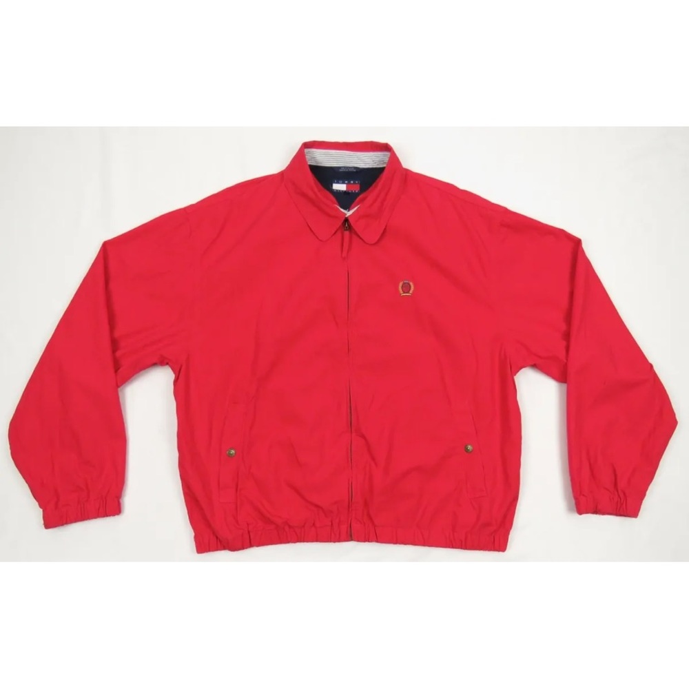 Vintage 90s Tommy Hilfiger Lion Crest Red Full Zip Bomber Harrington Jacket XL